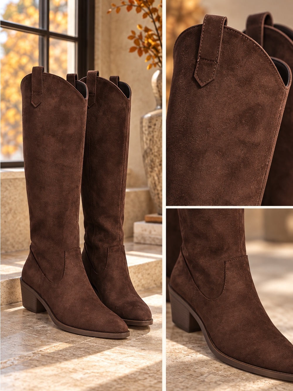 LAST 1🤎 Chocolate Brown Vegan Suede Knee High Western Cowboy Boots 7.5 - Picture 4 of 5